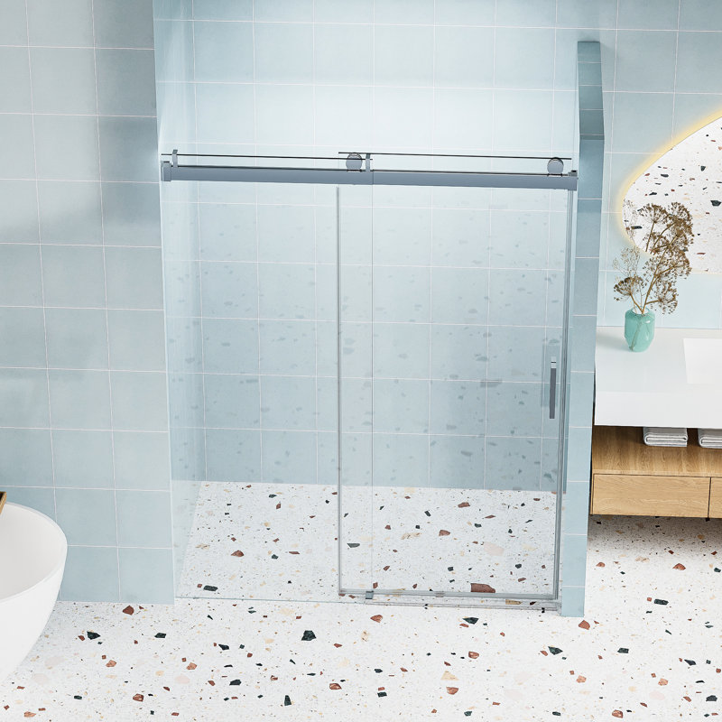 Porte de douche de 55 à 60 po x 76 po avec fonction, verre trempé de 1/4 po, porte coulissante simple résistante à l'eau, revêtement en verre résistant à l'eau, finition, fonction imperméable lisse et étanche