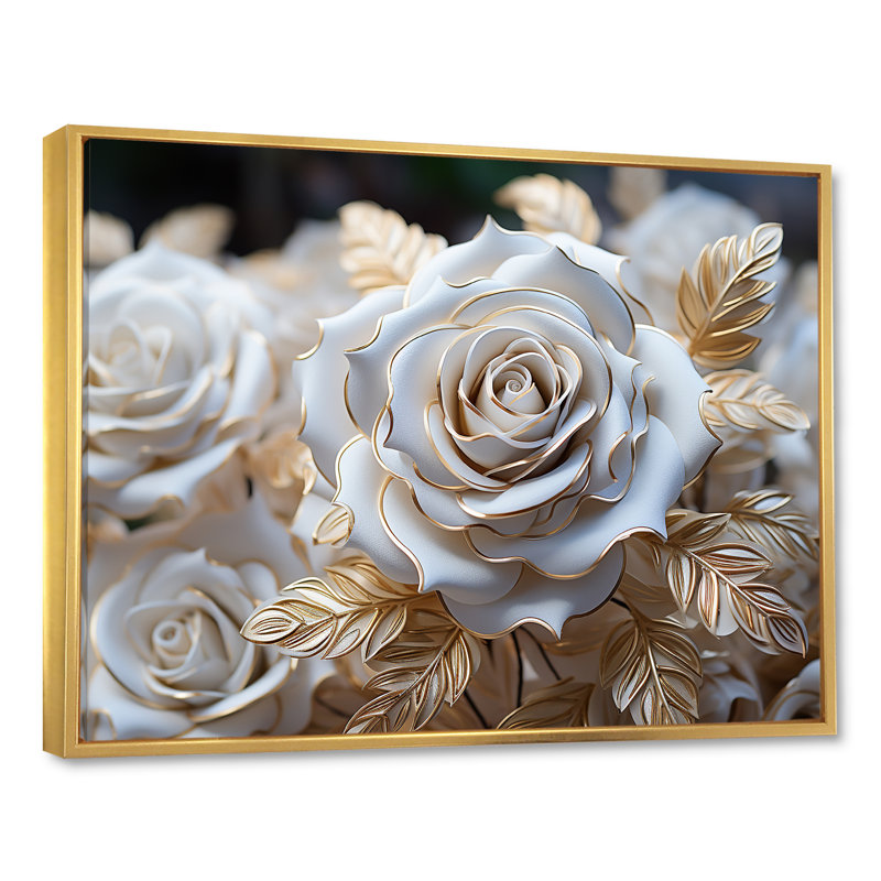 «White and Gold Rose Passion - Roses», reproduction sur toile encadrée, H 34 po x l 44 po x P 1,5 po, Cadre flottant doré