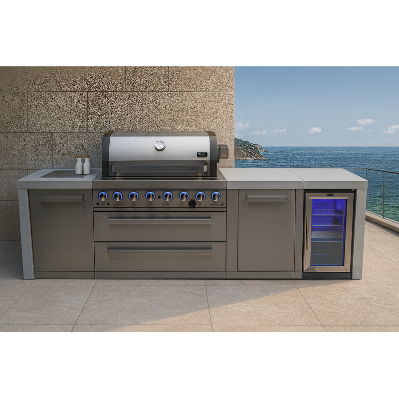 Mont Alpi Mai805-dfc-exc 6-burner 115000 Btu Deluxe Stainless Steel Island Outdoor Kitchen Bbq Gas Grill + Fridge Cabinet + Granite Countertops + + Grill Cover + 25" Right Extra Storage Cabinet
