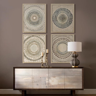 Petite décoration bohémienne abstraite et discrète, reproduction d'art encadrée 4 pièces