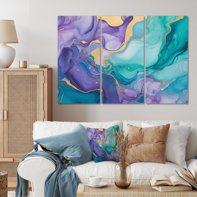 Turquoise et mauve, liquide II, reproduction d'art sur toile 3 pièces