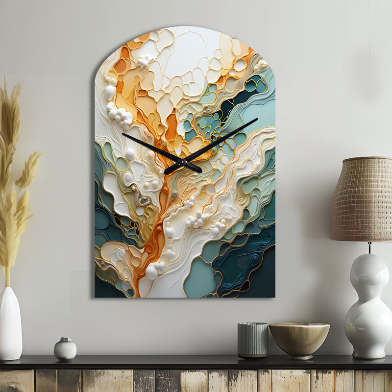 Orange blanc, dessin au trait organique, abstraction organique - horloges murales en métal arquées, Moyenne