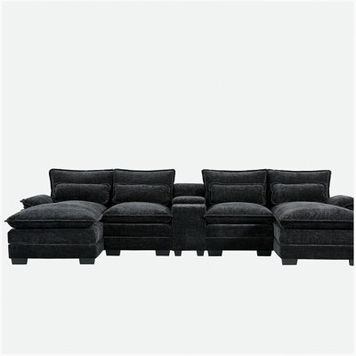 Ensemble de canapé moderne en forme de U 123 * 55 "avec console, porte-gobelet et chargeur USB, mobilier d'intérieur symétrique à 6 places, canapé en nuage de velours confortable avec fauteuil inclinable, adapté pour le salon, appartement, 5 couleurs