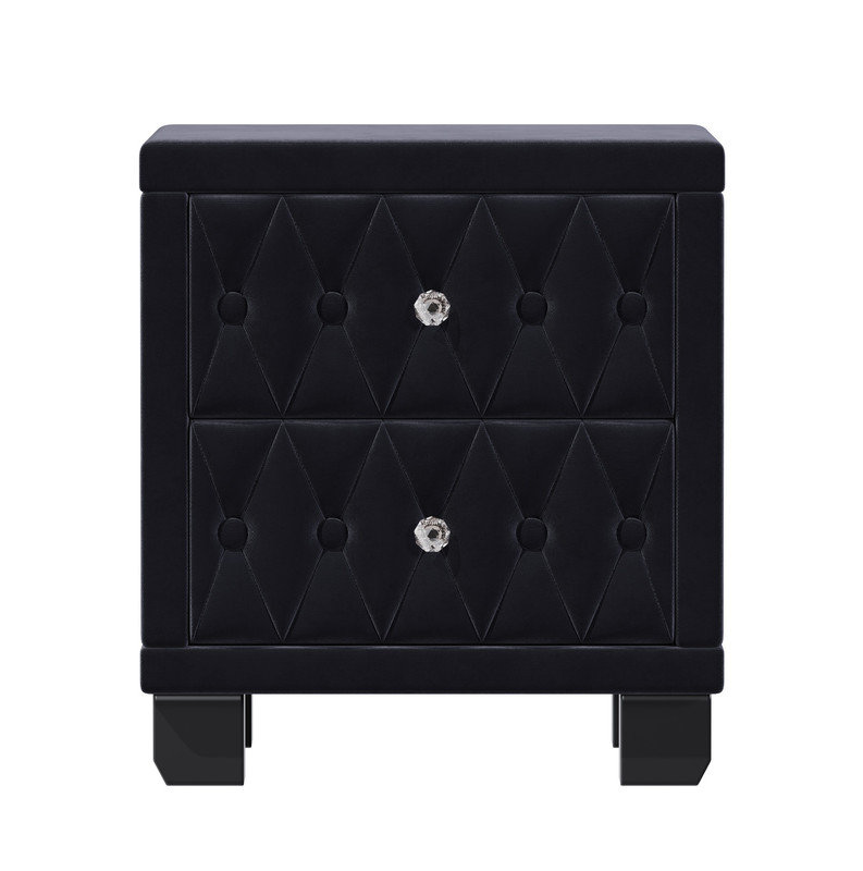 Élégante table de chevet en velours avec 2 tiroirs et poignée en cristal, table de chevet avec capitonnage à boutons, noir