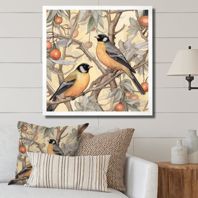 Orange orange, oiseaux noirs sur arbres IV, reproduction sur toile