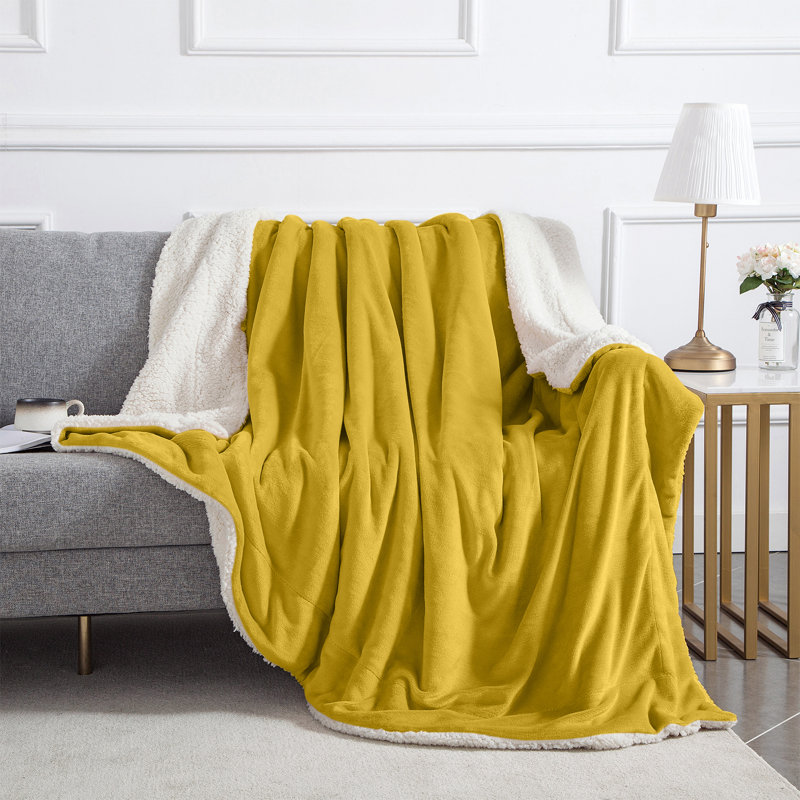 Kaylie Soft Sherpa Fleece Fur Thick Dual Sided Reversible Blanket Throw, 200cm x 240cm, Yellow