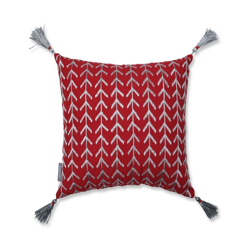 Red and Silver Embroidered Cotton Square Throw Pillow