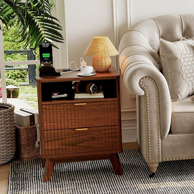 Modern Fluted Nightstand with USB Charging Station, 2-Drawer Bedside Table with Shelf for Bedroom Office by Latitude Run