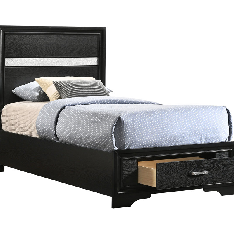 Lit simple à panneau noir avec tiroirs intégrés et garniture en cristal, plateforme à lattes, bois franc asiatique, longs tiroirs en stratifié de 78,52 pouces, garniture à paillettes sur poignées, bois massif