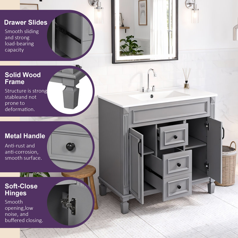 Meuble-lavabo simple 36 po avec 2 portes et tiroirs à fermeture douce, Gris