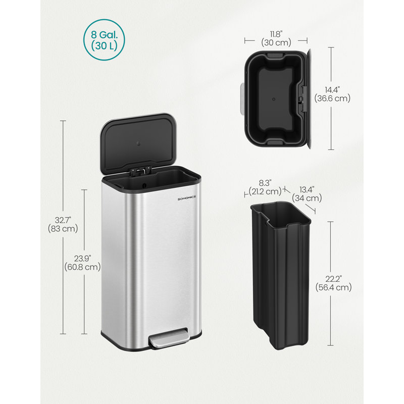Step On Kitchen Trash Can, 30 L, 61cm H x 30cm W x 37cm D, Metallic Silver