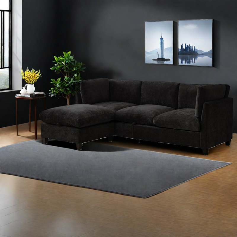 Canapé modulaire en chenille spacieux avec rangement, 3 places moderne et repose-pieds