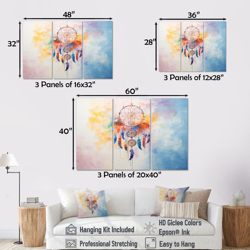 Enchanting Multicolor Dreamcatcher I - Dream Catcher Canvas Art Set, H 40 po x l 60 po x P 1 po