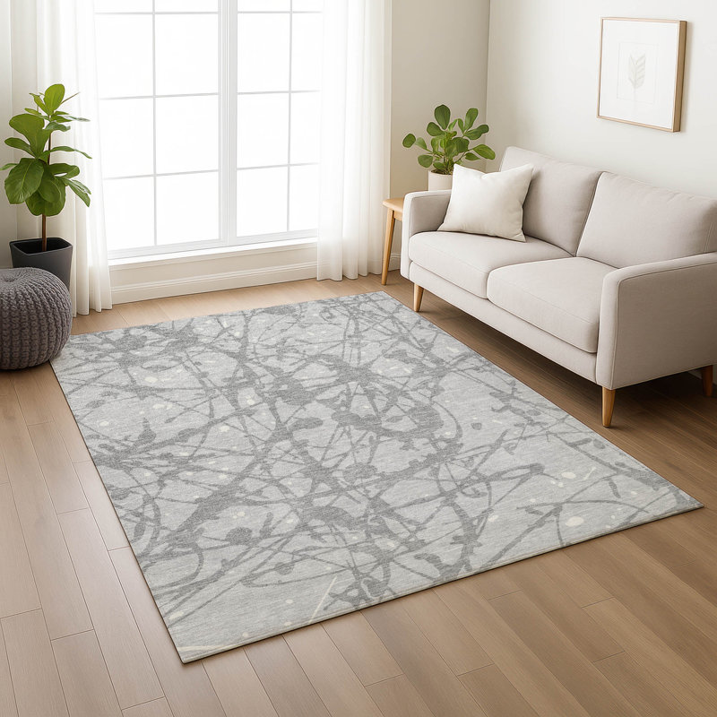 Tapis abstrait lavable à la machine intérieur / extérieur ACN2597, Argent, 5 pi x 7 pi 6 po