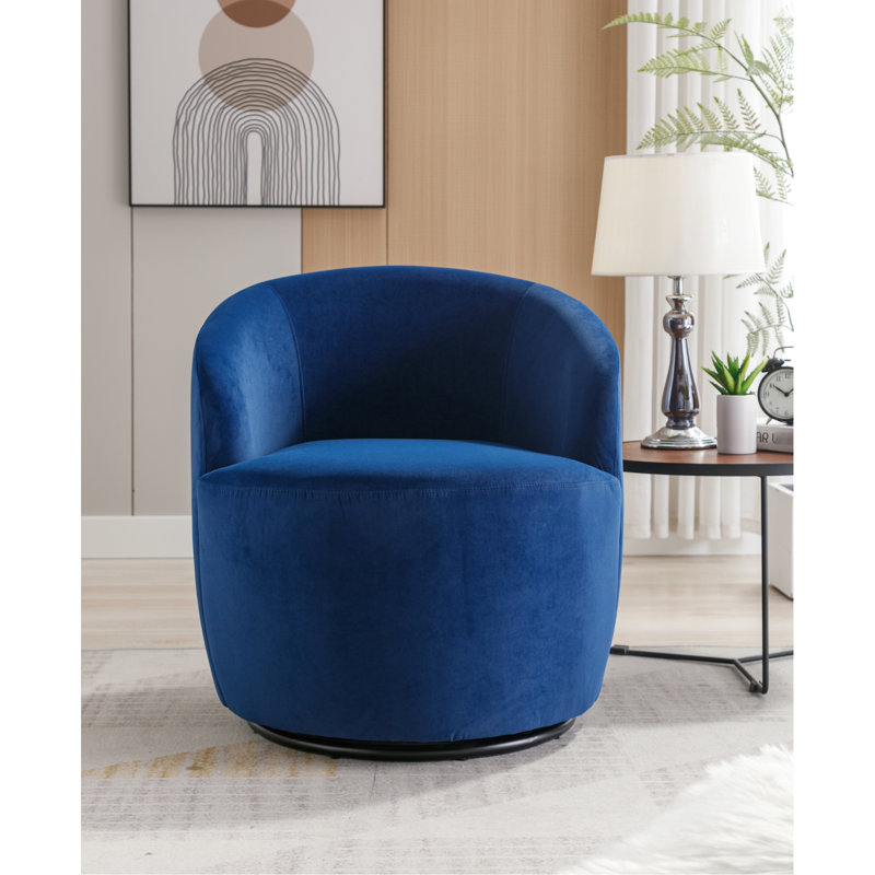 Fauteuil pivotant en velours pour patio, bleu avec anneau en métal thermolaqué noir et chaise à dossier en mousse, Bleu