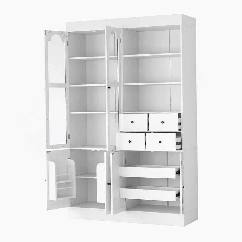 Armoire décorative, buffet autoportant, garde-manger avec tiroirs, tablettes et plateaux coulissants, Blanc