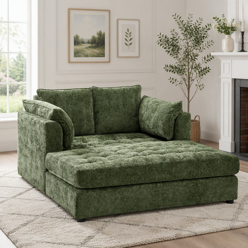 Canapé méridienne surdimensionné de 139 cm avec accoudoirs, coussins et tissu chenille, Chenille verte