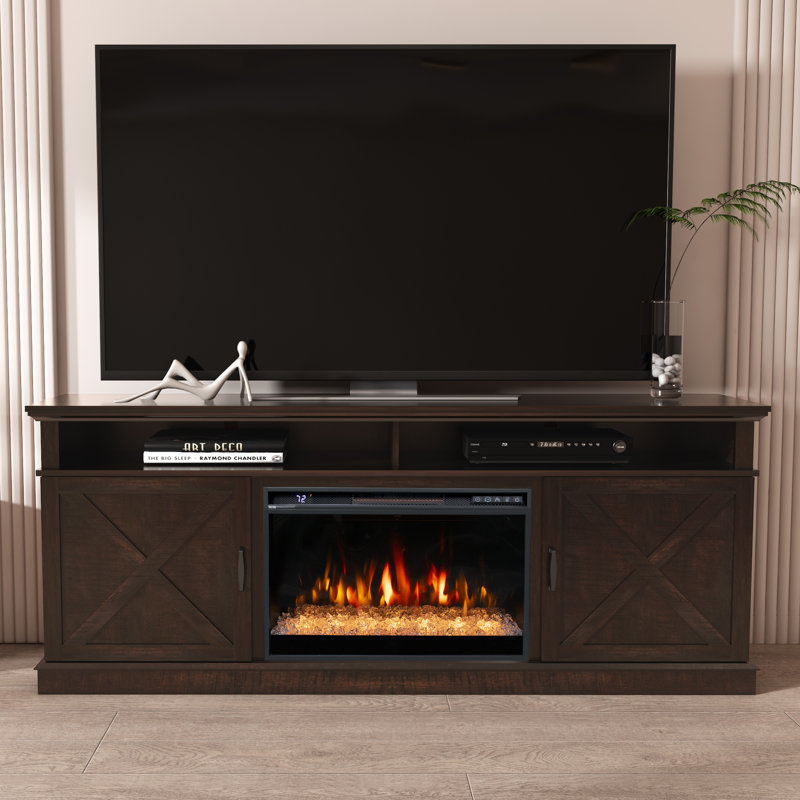 Angelly Unfinished TV Stand for TVs up to 78" with Fireplace Included, Brown