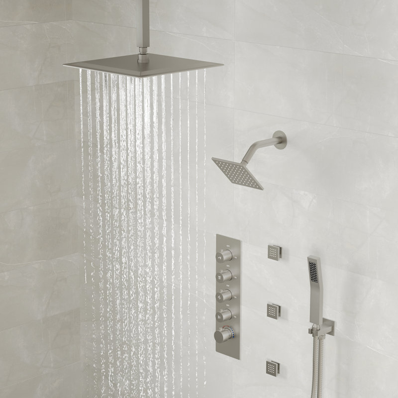  Thermostatic Dual Showerheads System, Ceiling Mount 16" High-Pressure Rainfall Shower Faucet with Handheld Spray and Body Jet