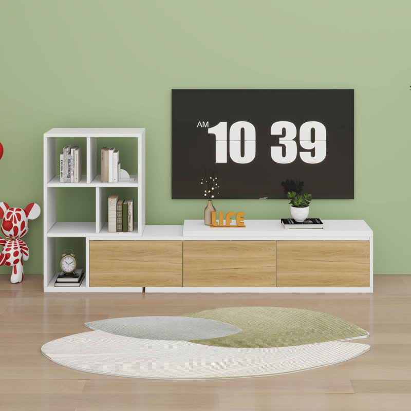 Meuble télé extensible avec tablettes à 3 niveaux, centre de divertissement réglable avec armoires de rangement, Blanc