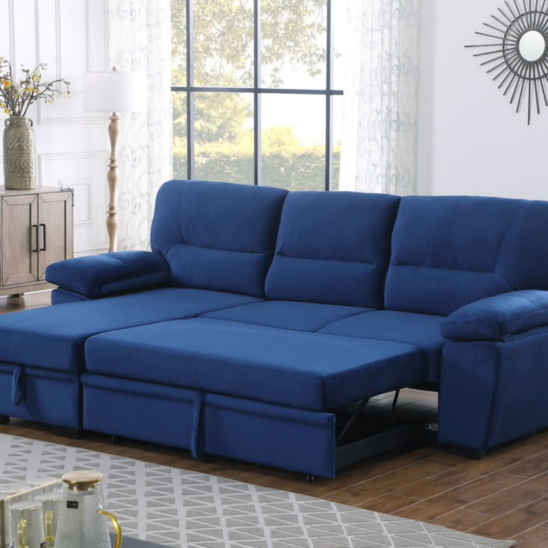 Velvet Fabric Reversible Sleeper Sectional Sofa Chaise, Blue