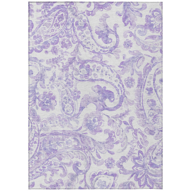 10' X 14' Lavender Ivory And Purple Paisley Washable Indoor Outdoor Area Rug