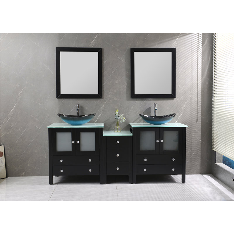 Meuble-lavabo double autoportant 74,5 po avec plateau en verre trempé, Noir