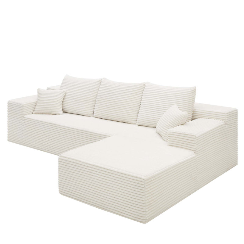 Canapé 107 po, Velours côtelé blanc, Orienté à droite