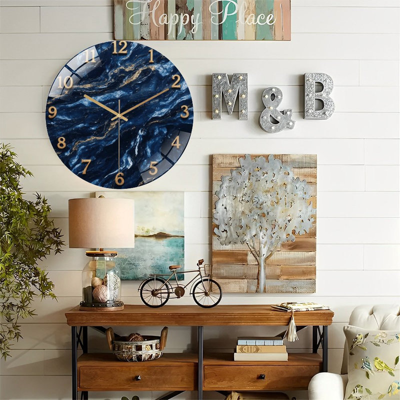 Horloge dorée avec chiffres en or bleu - horloge murale moderne en verre 12 po