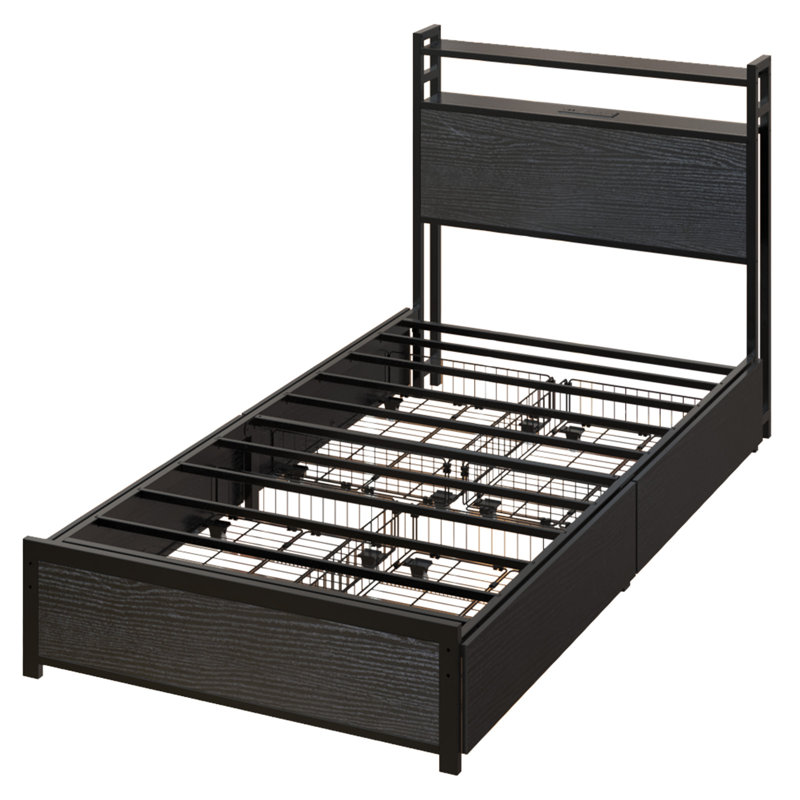 Structure de lit avec tête de lit à 2 niveaux, structure de lit plateforme en métal avec 4 tiroirs de rangement, station de charge intégrée et DEL, support en métal / aucun sommier requis, noir