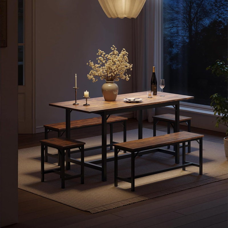 Ensemble de table de salle à manger 5 pièces, table de salle à manger extensible 63 po avec 2 bancs et 2 tabourets carrés, ensemble de table de cuisine