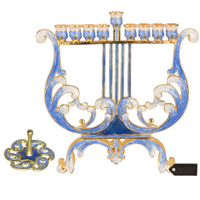 Elegant Jewish Set -Hand-Painted Blue & Ivory Harp Menorah, Spinning Dreidel W Gold Accents, Crystals, Gift For Hanukkah By Matashi