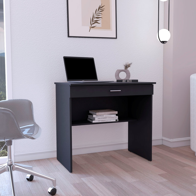 Bureau d'écriture 80 C, poste de travail compact avec tiroir et tablette inférieure (bureau), Noir