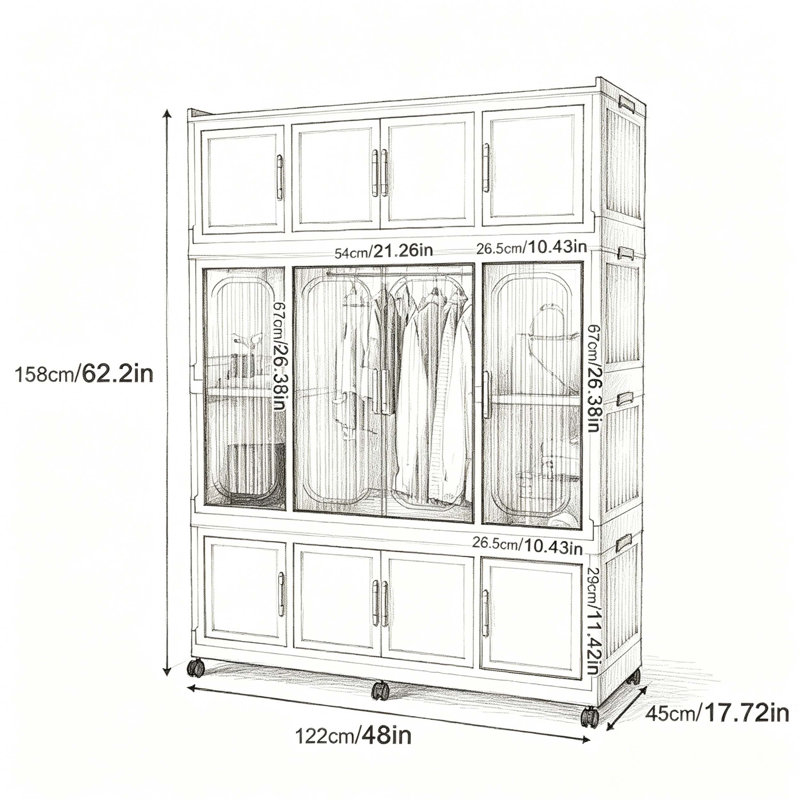 Armoire modulaire en PP pliable à 12 cubes avec 12 portes cannelées en ambre magnétique et tringle à vêtements centrale, armoire de rangement portative autoportante pour chambre de bébé