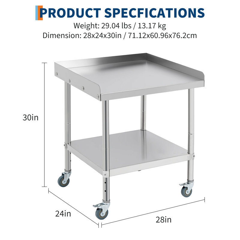 Table de préparation 28 po x 24 po en acier inoxydable avec roulettes verrouillables, chariot utilitaire à hauteur réglable pour cuisine commerciale