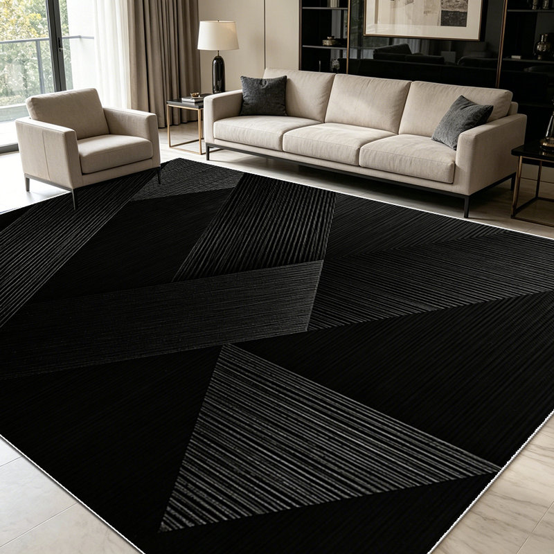 1PC Black Geometric Textured Modern Abstract area rugs for Living Room, Soft and Comfortable, Suitable for all seasons, easy-to-maintain, machine washable Indoor floor mat, Under Table Farmhouse suitable for dining room, bedroom, home office,