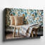 Toile une scène intérieure douillette avec un banc en bois clair orné d'art mural avec un coussin rayé et une couverture drapée douce avec toile-1407481538