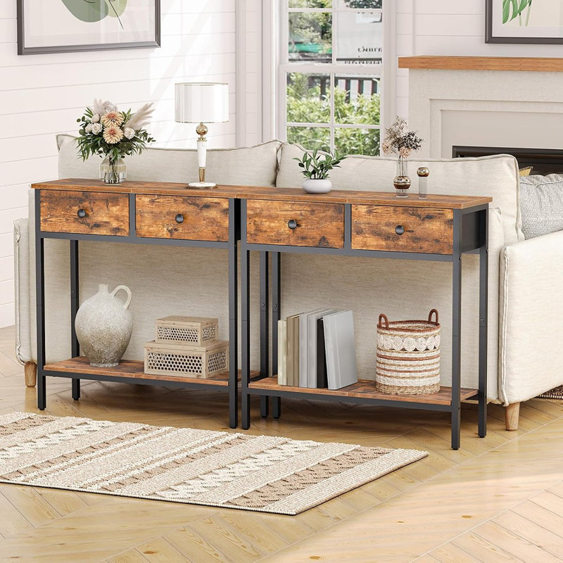 Console étroite de 29,5 po avec 2 tiroirs en tissu, petite table d'entrée avec tablettes de rangement à 2 niveaux, table de canapé mince, table d'appoint, pour le salon, couloir, brun rustique et noir BF71XG01