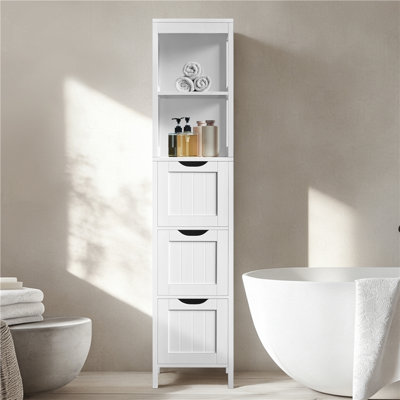 Rangement moderne pour salle de bain autoportant avec 3 tiroirs et 2 tablettes ouvertes