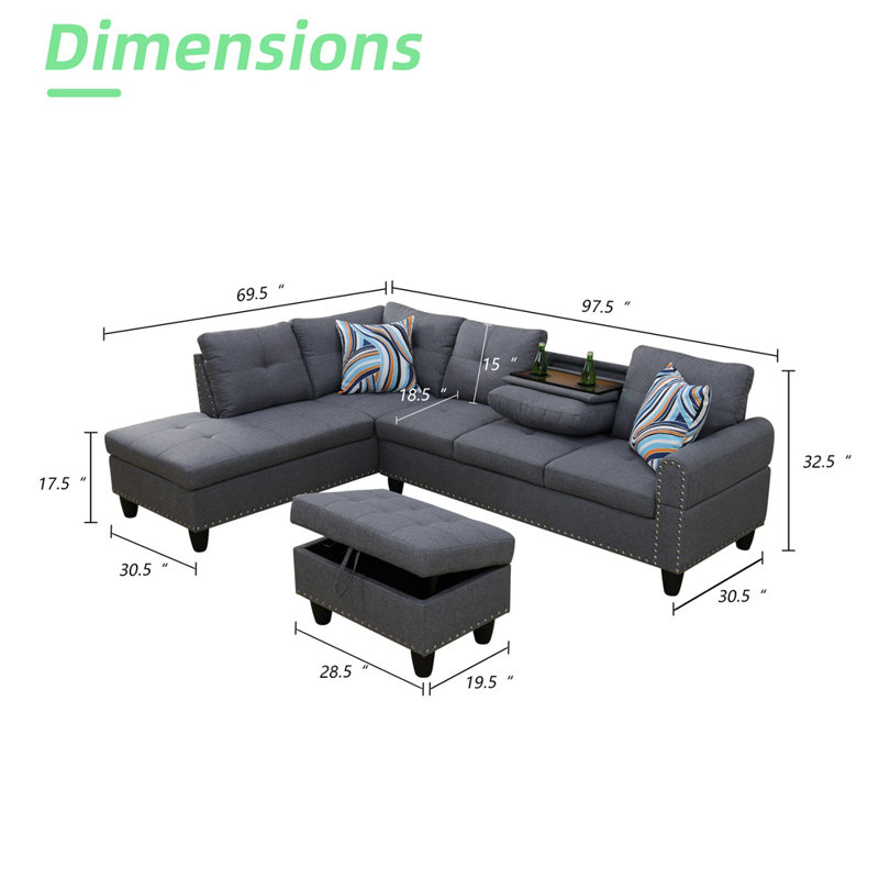 Harwant 3 Pieces 97" Wide Sectional Set,Sofa,Chaise&Ottoman, Left Hand Facing, Dark Gray Linen