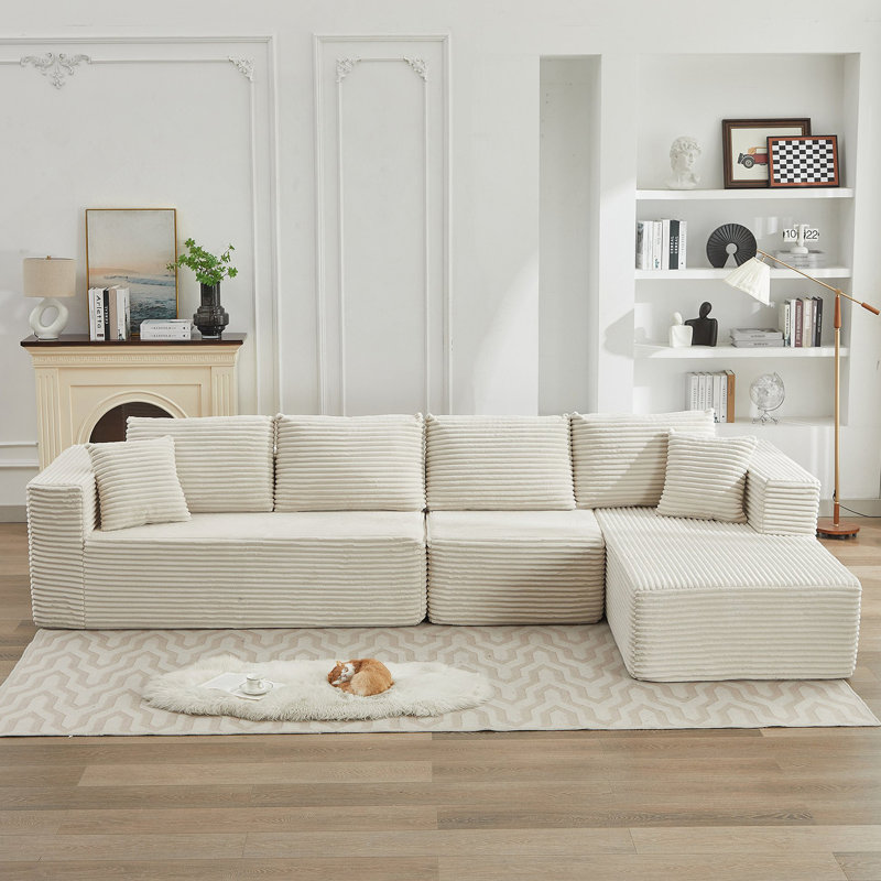 106" Cloud Sectional Couch L-Shape With Right Facing Chaise(Single Seat Is Not Included),Deep Seat Modern Modular Sofa For Living Room,No Assembly Required,Beige (Plush Corduroy Fabric)