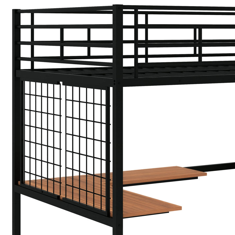 Loft Bed With Desk And Metal Grid, Stylish Metal Frame Bed With Lateral Storage Ladder And Wardrobe, Black, Full