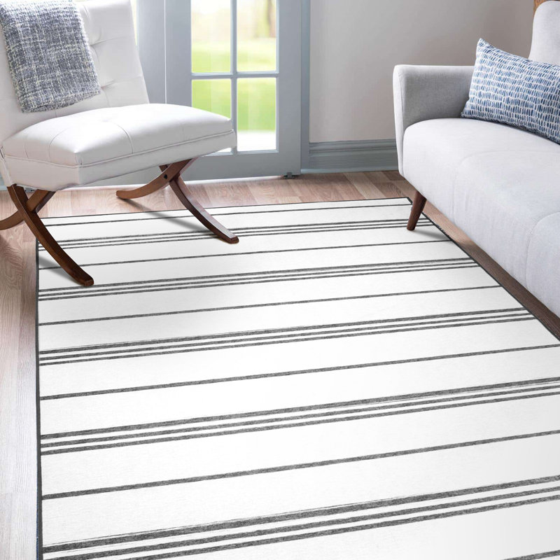 Stripe Grey And White Performance Flatweave Washable Indoor / Outdoor Rug, Rectangle 5' x 7'