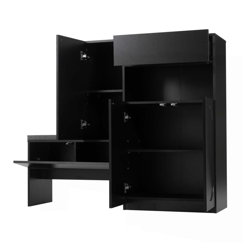 Élégant range-chaussures 2 en 1 avec coussin moelleux, banc de rangement moderne avec portes arquées et dispositifs de rebond, range-chaussures polyvalent avec tablettes réglables pour le couloir et le salon