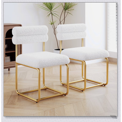 Set of Two White Teddy Fabric Dining Chairs, Circular Thick Cushioned for Comfort and Style, Sturdy and Minimalist Design