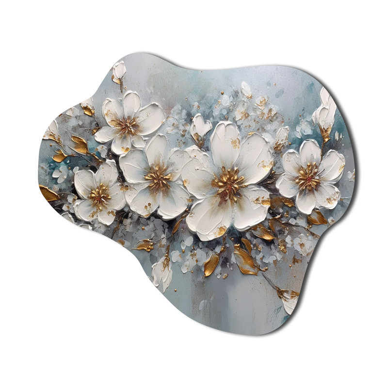 «White and Gold Daisy Symphony III - Asymmetric Daisy», reproduction d'art murale en métal, H 25 po x l 28 po x P 1 po