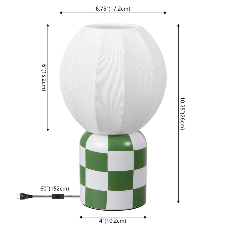 Lampe de table à DEL miniature Valarie de 10,25 po en céramique à damier de style contemporain moderne, avec abat-jour globe côtelé en forme de cocon.