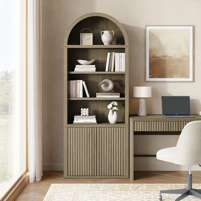 Bibliothèque à 5 niveaux avec 2 portes cannelées et tablettes réglables, Aulne gris, 2