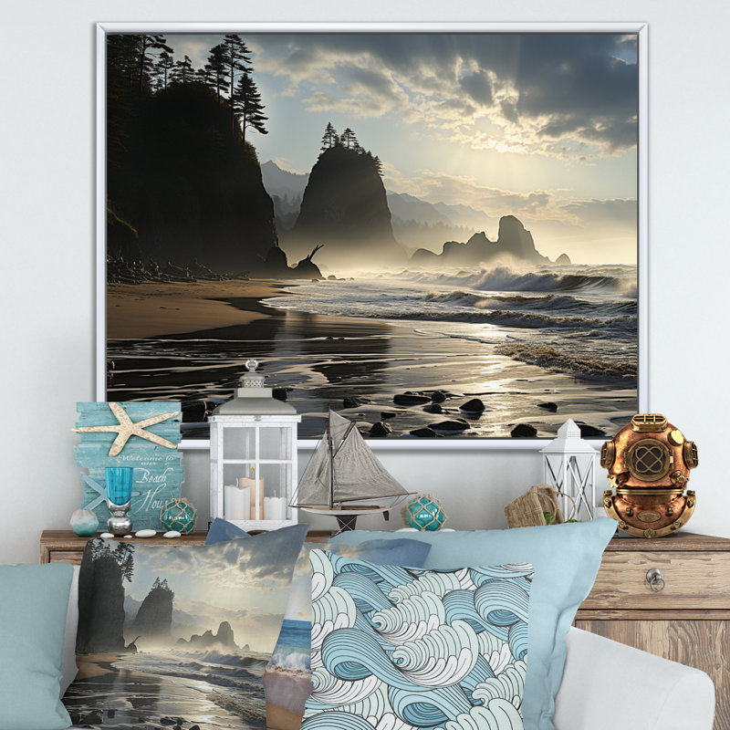 Photo de plage ensoleillée - impression, H 34 po x l 44 po x P 1,5 po, Cadre flottant blanc