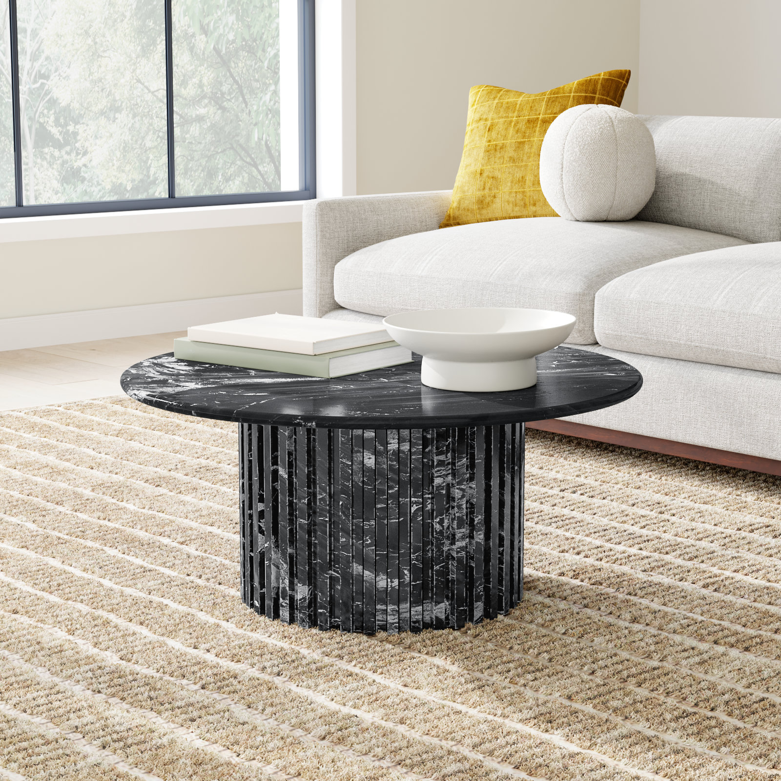 Genoa 36" Genuine Marble Coffee Table, Black Marble
